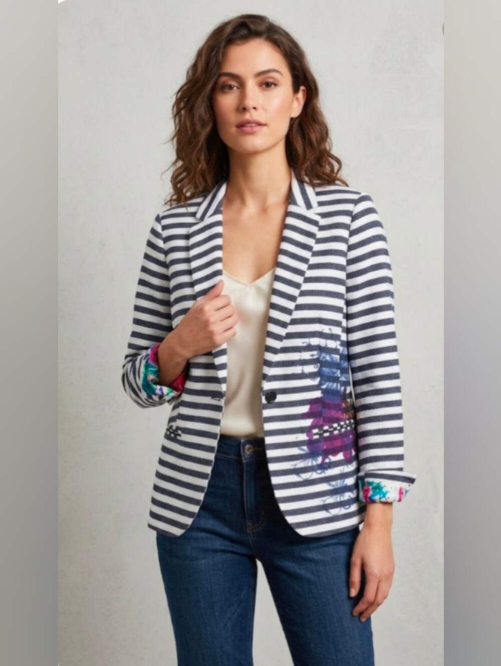 Christopher & Banks Striped Floral Accent Blazer Jacket Size L